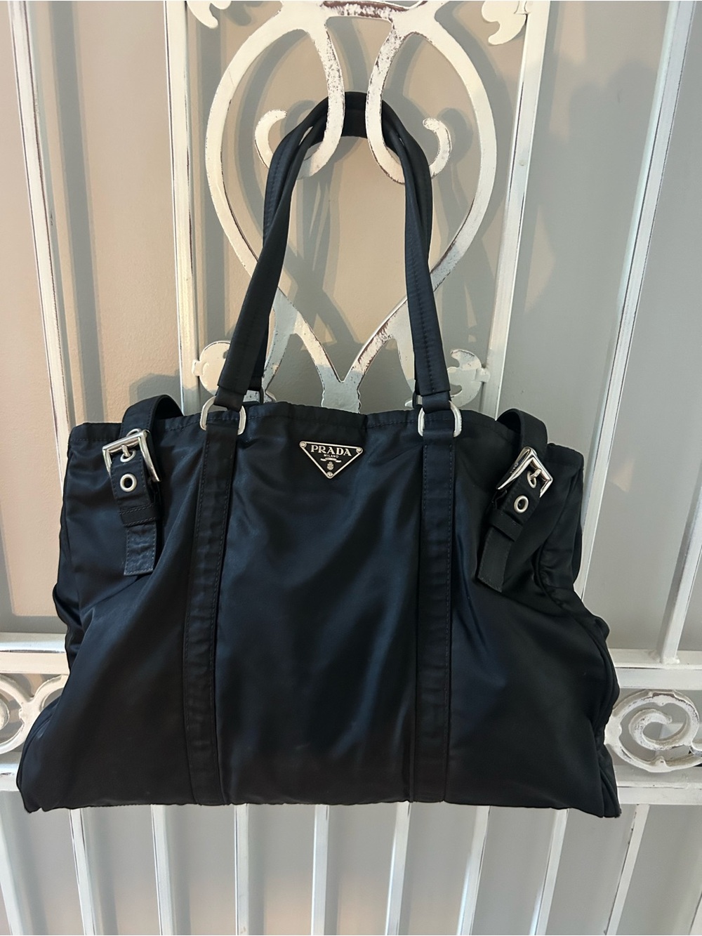 Vintage Prada Tessuto Nylon Belt Tote Bag Black Silver Hardware Italy w/ COA - Picture 2 of 16